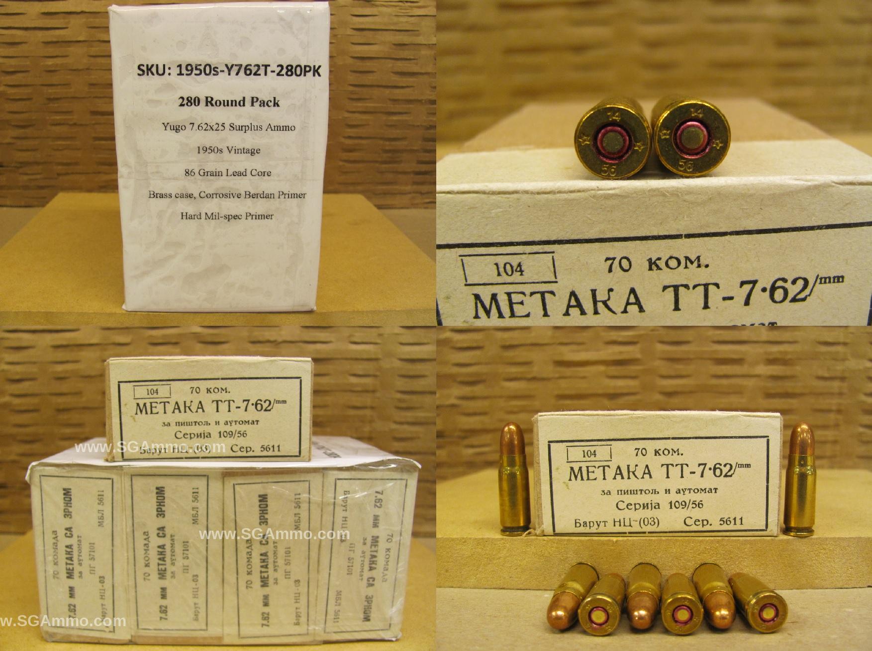 280 Round Pack - Hard Primer 7.62x25 FMJ Yugo Military Surplus Ammo - Made in 1950s by PPU - Read Description